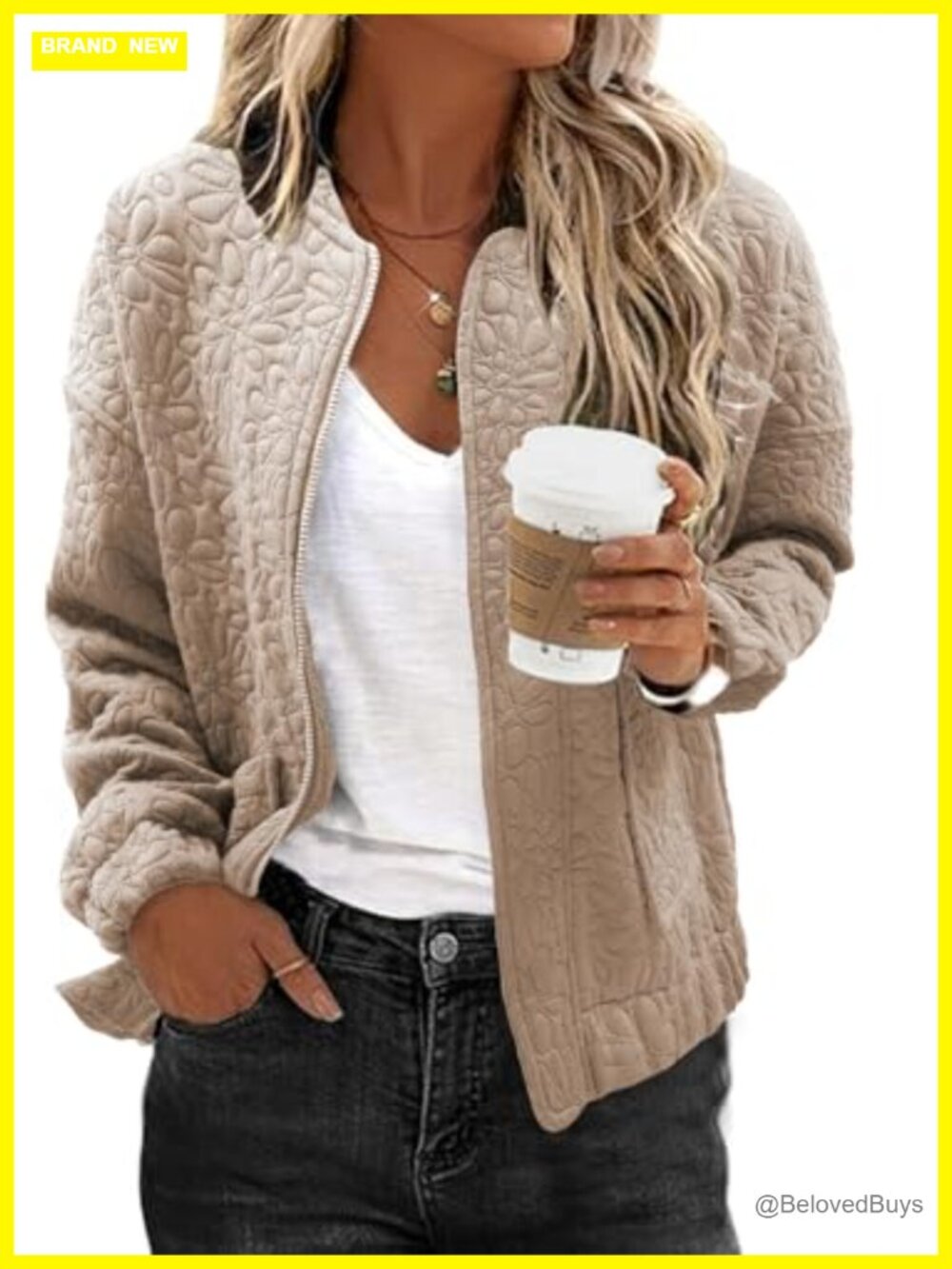 Jacquard Zip Up Coat with Utility Pockets Bomber Style Casual